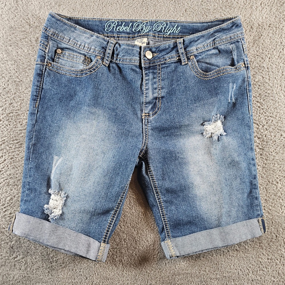 Rebel By Right Cassy Destructed Denim Shorts Medium Wash Cuffed Size‎ 11
